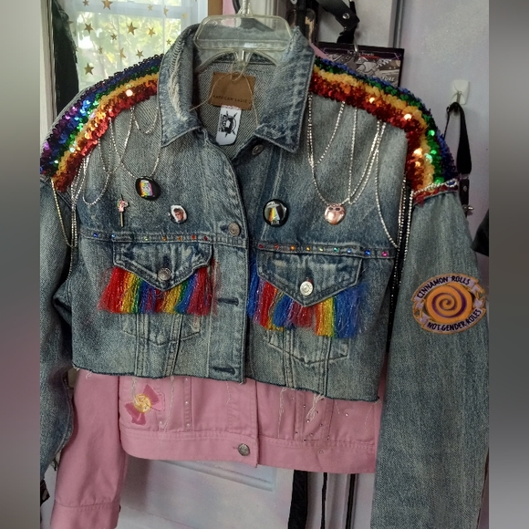 Pretty in Pride- Custom RAGE rainbow cropped denim jacket! PRICE FIRM! - Picture 1 of 15